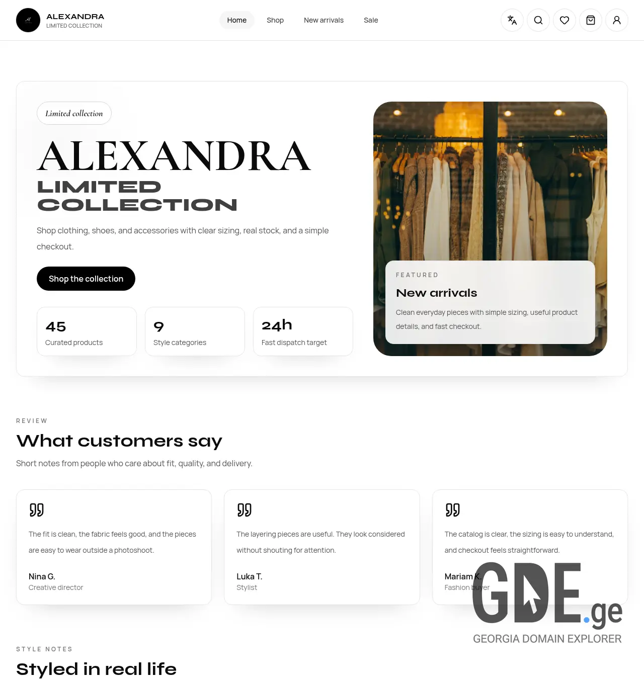 Screenshot of the site alexandrascollection.ge at 2026-05-02