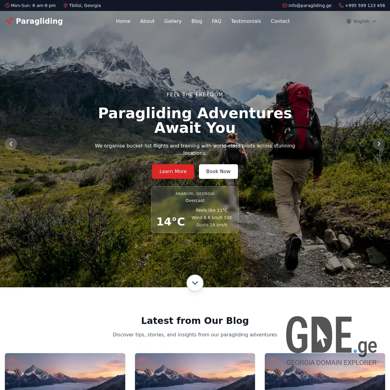 Screenshot of the site ananuriparagliding.ge at 2026-03-29