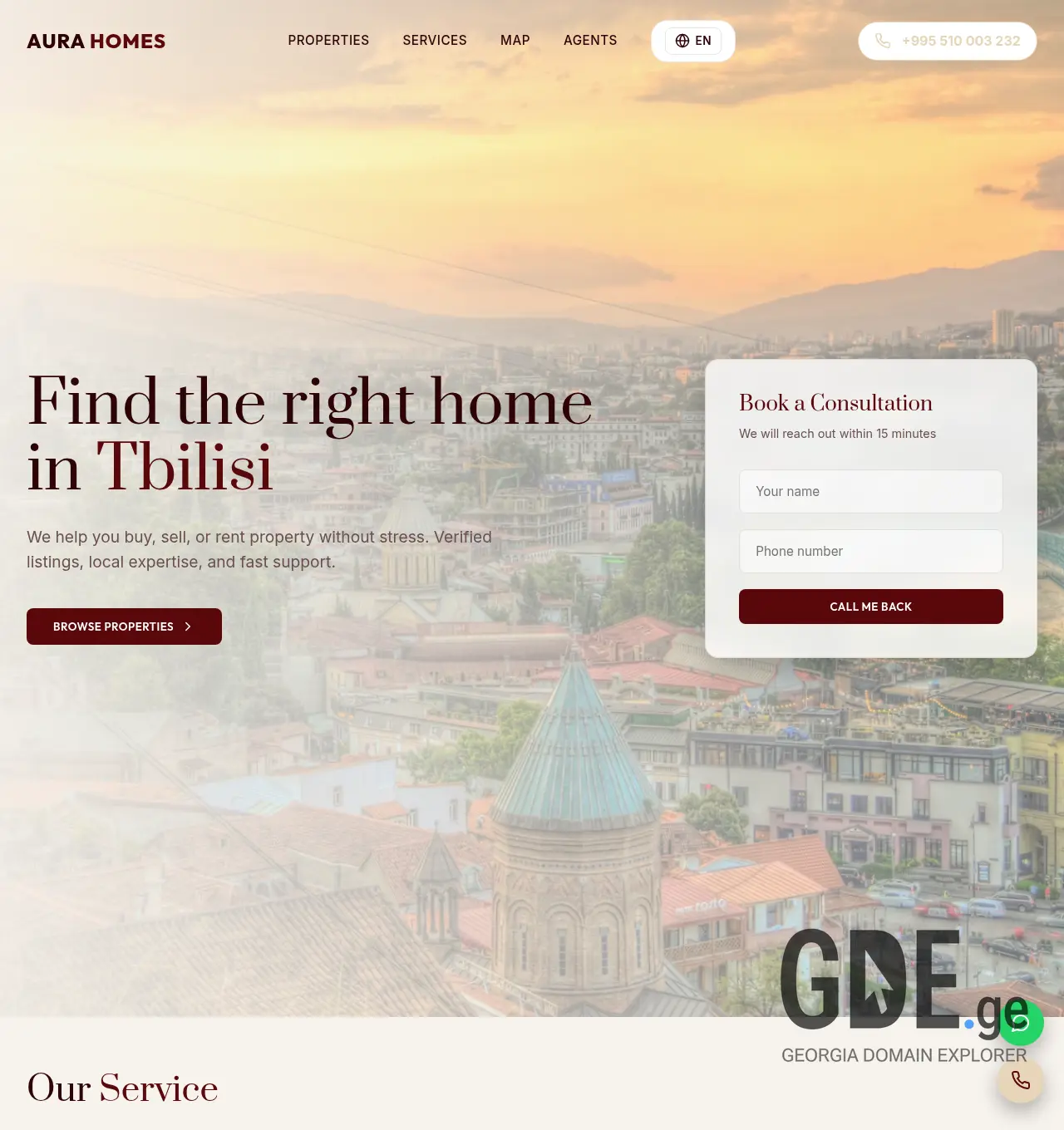 Screenshot of the site aurahomes.ge at 2026-05-14