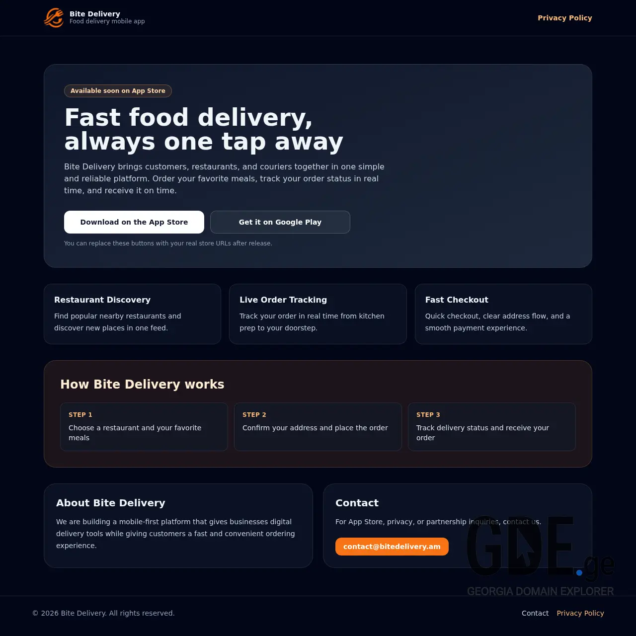 Screenshot of the site bite-delivery.ge at 2026-03-24