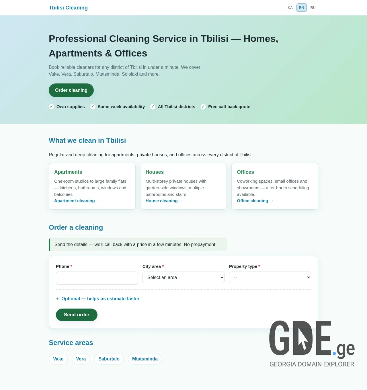 Screenshot of the site cleaning-tbilisi.ge at 2026-06-25