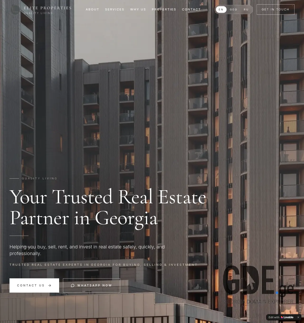 Screenshot of the site eliteproperties.ge at 2026-04-28