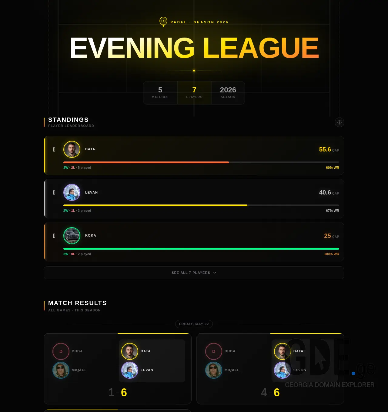 Screenshot of the site eveningleague.ge at 2026-05-24