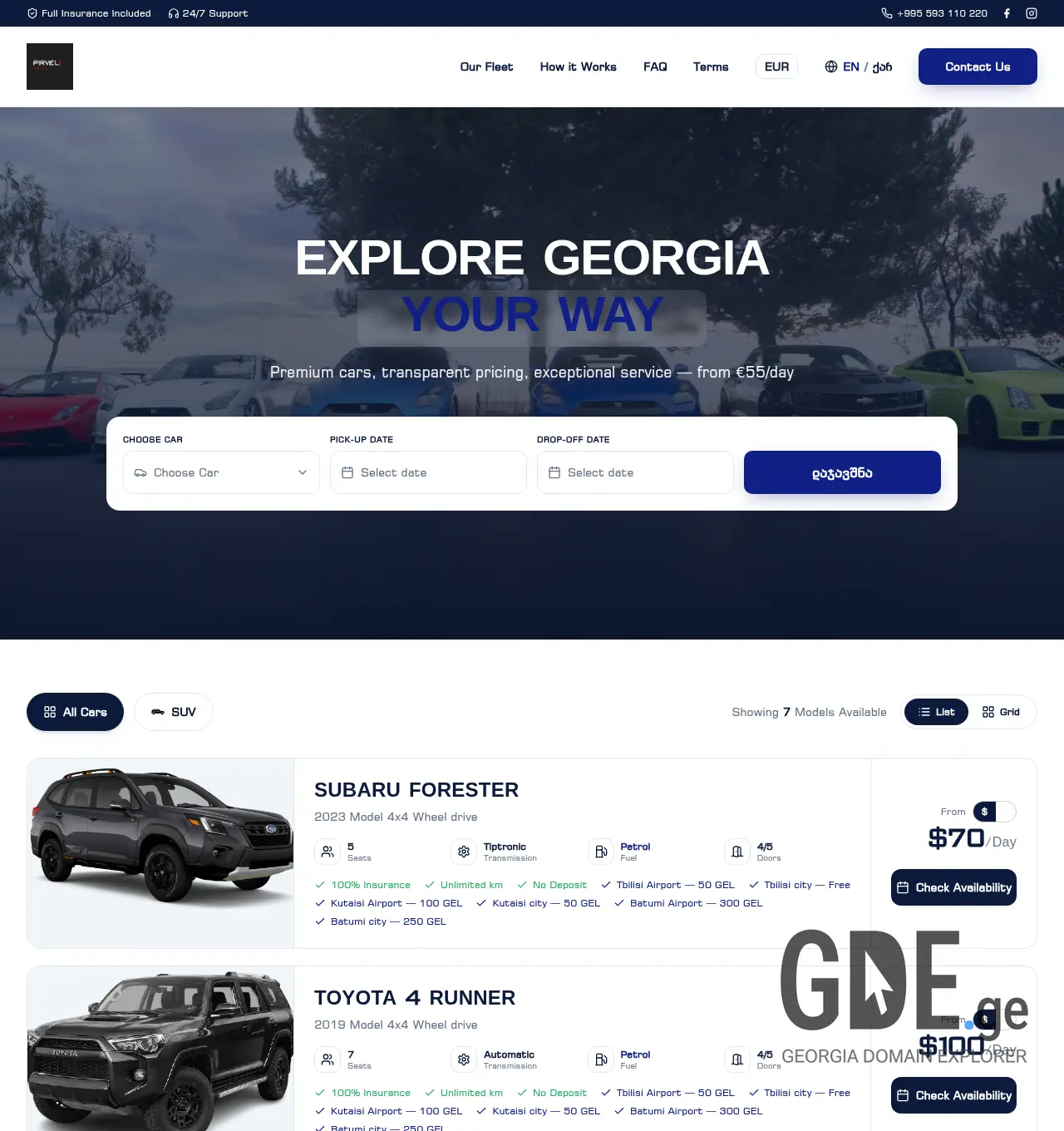 Screenshot of the site pirvelirentacar.ge at 2026-05-12