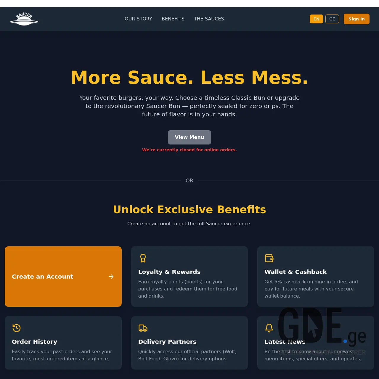 Screenshot of the site saucerburger.ge at 2026-03-01