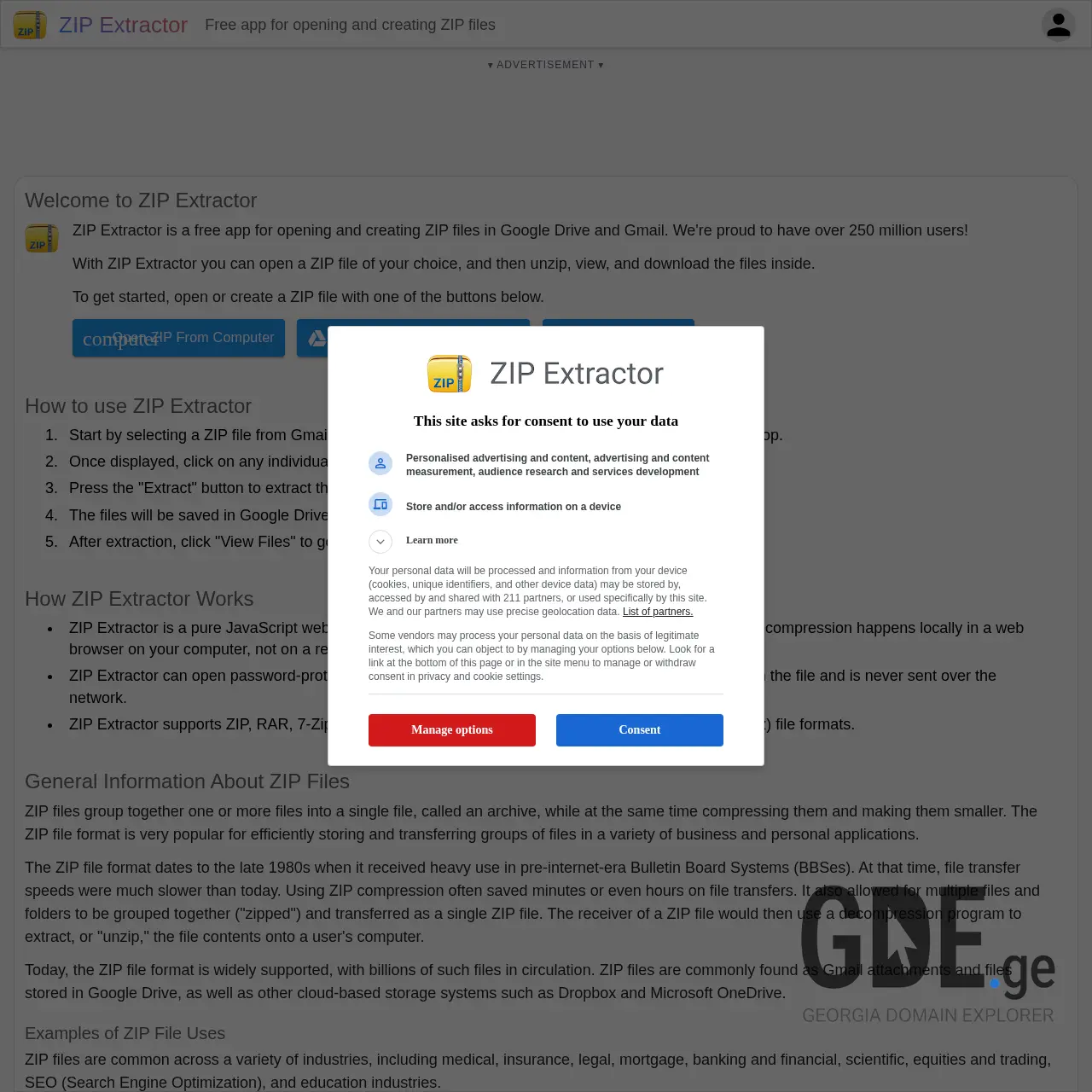 Screenshot of the site zipextractor.ge at 2026-03-28